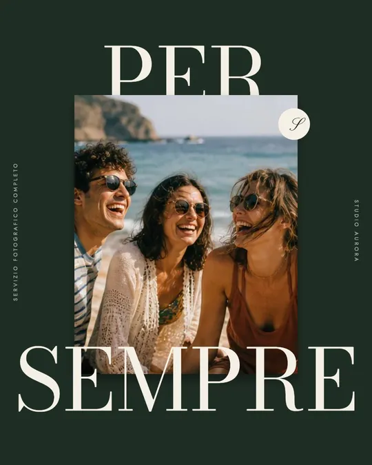 Stile Editoriale: titolo gigante su fondo verde scuro con una foto