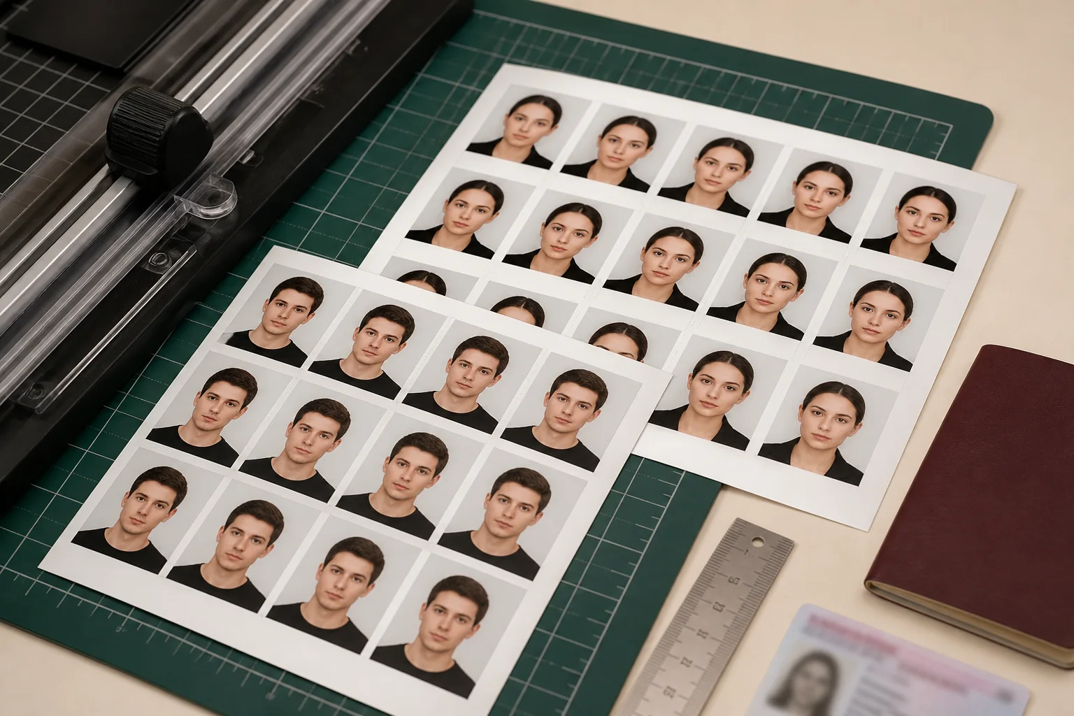 Fogli fotografici con fototessere per passaporti e documenti pronti per il taglio