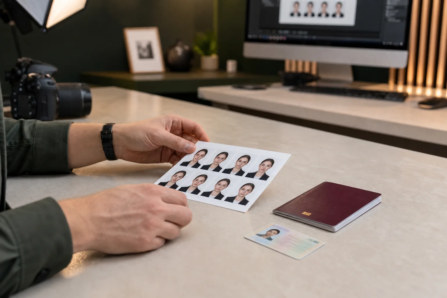 Fotografo che prepara un foglio di fototessere accanto a un passaporto e a un documento d’identità
